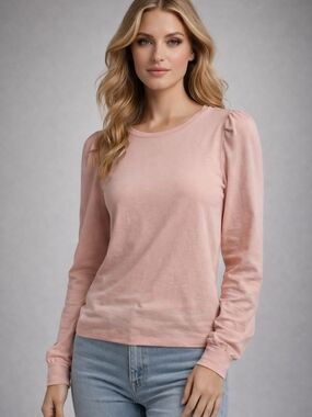 Time and Tru Dusty Rose Puff-Sleeve Long-Sleeve Crewneck Top
